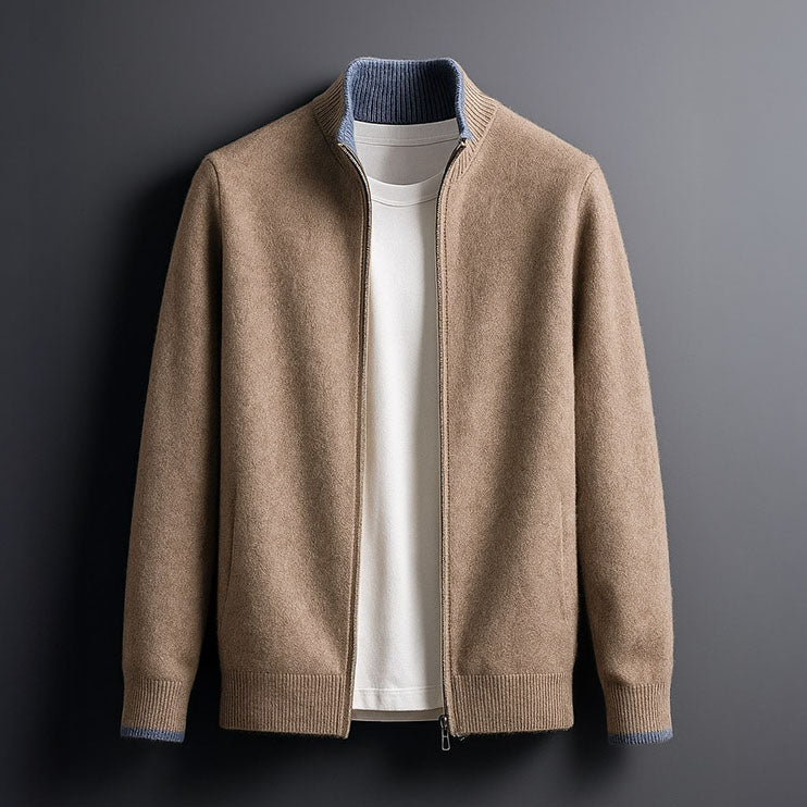 Cardigan da uomo in lana merino con zip e collo alto, per autunno e inverno - Cammello