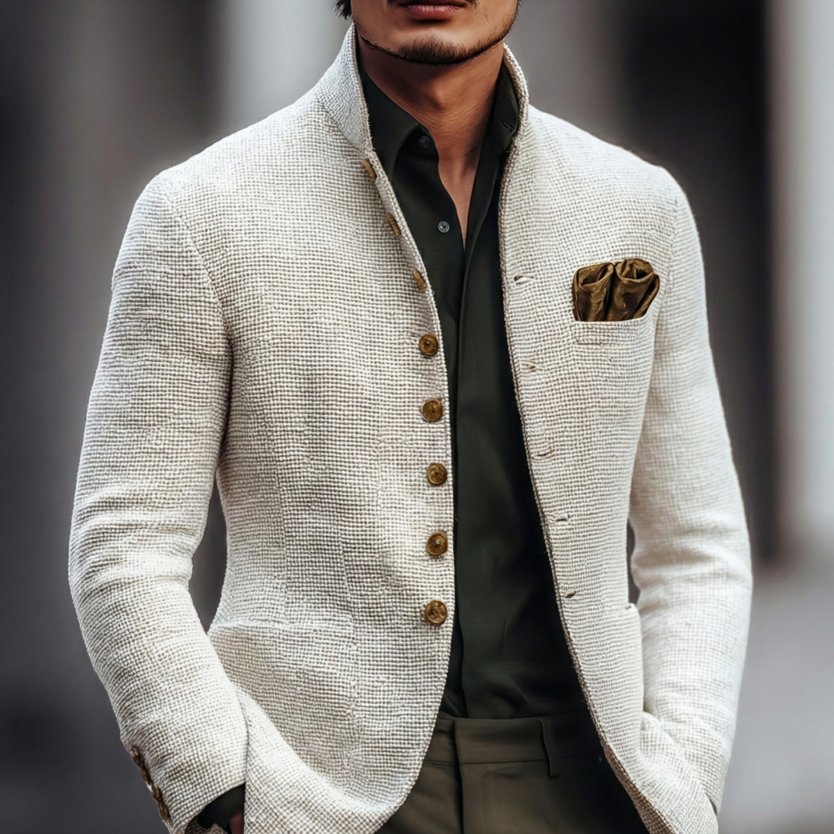 Cardigan da uomo in maglia con bottoni e collo alla coreana, elegante - foto 2