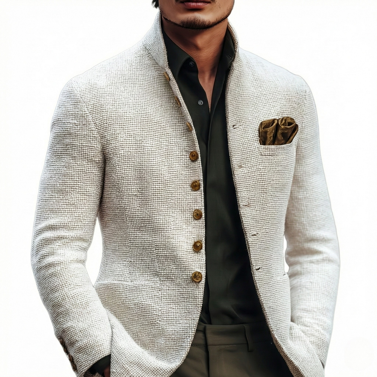 Cardigan da uomo in maglia con bottoni e collo alla coreana, elegante - Bianco