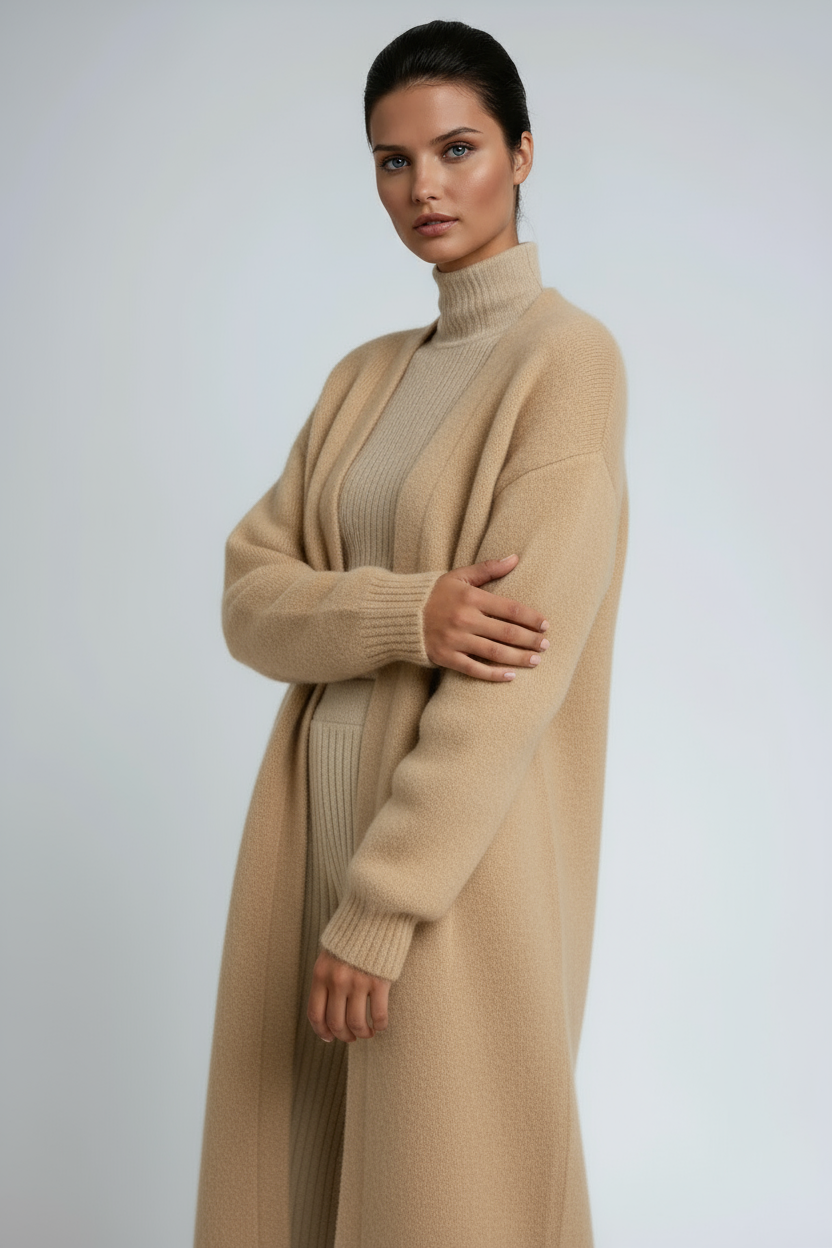 Cardigan lungo da donna in morbida maglia, oversize e aperto, per l'autunno e l'inverno - Cachi