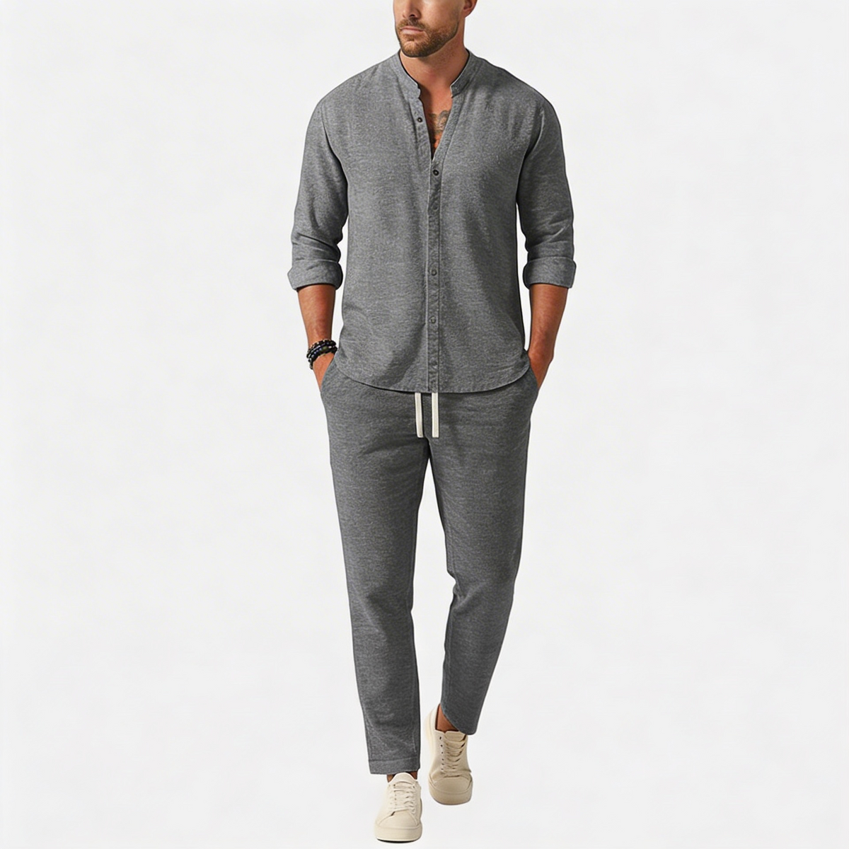Completo di lino da uomo due pezzi con camicia comoda e pantaloni abbinati, casual ed estivo - Grigio