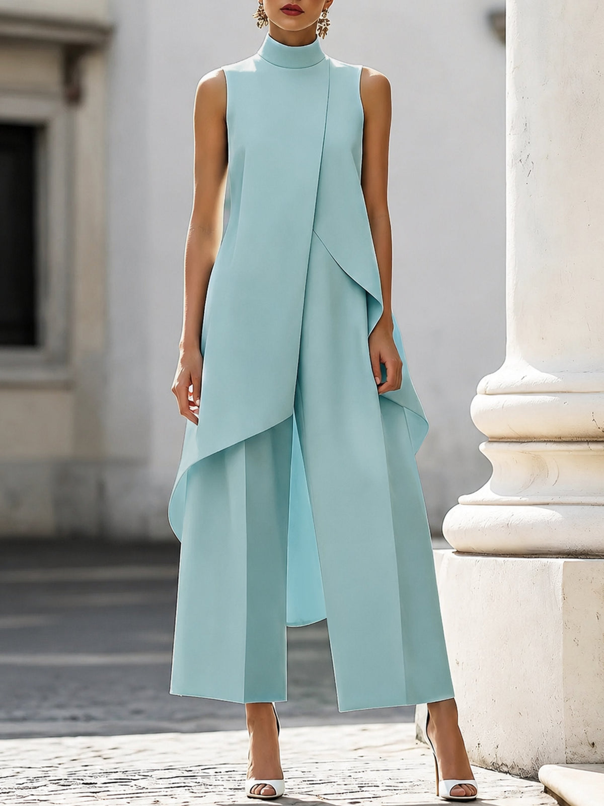 Completo due pezzi donna asimmetrico, top a collo alto senza maniche e pantalone a gamba larga, elegante per cerimonia - Azzurro Cielo