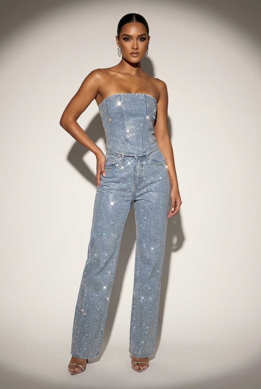 Completo elegante da donna con paillettes, top strapless e pantalone a vita alta, due pezzi da sera - Denim