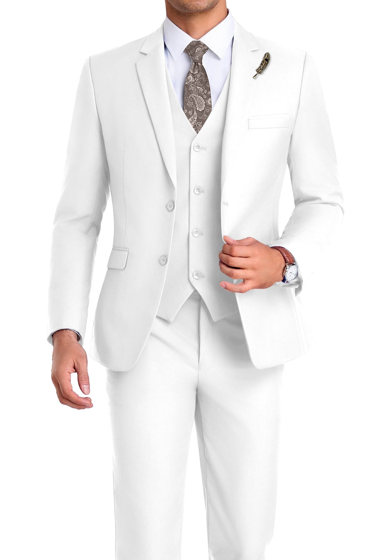 Completo uomo elegante 3 pezzi slim fit con gilet, da cerimonia e matrimonio - Bianco