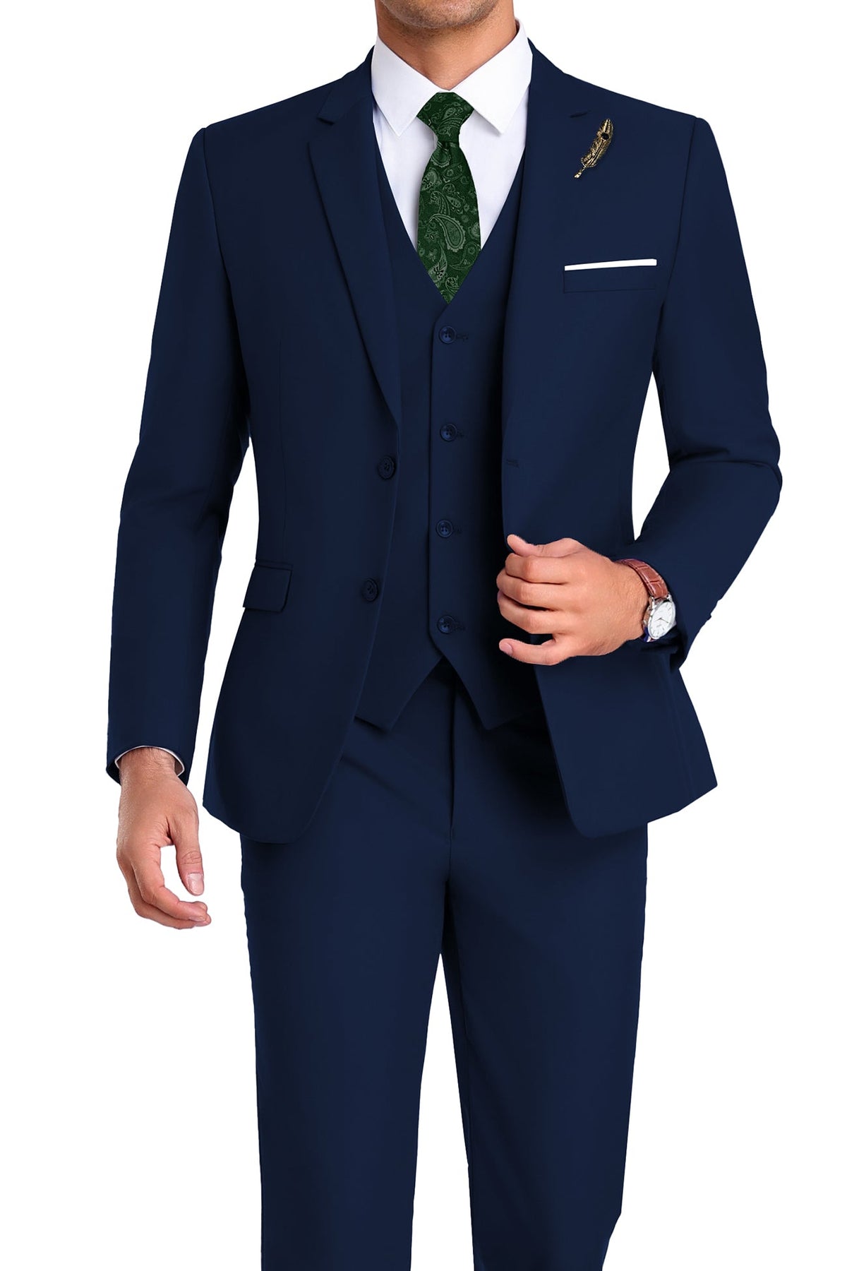 Completo uomo elegante 3 pezzi slim fit con gilet, da cerimonia e matrimonio - Blu navy