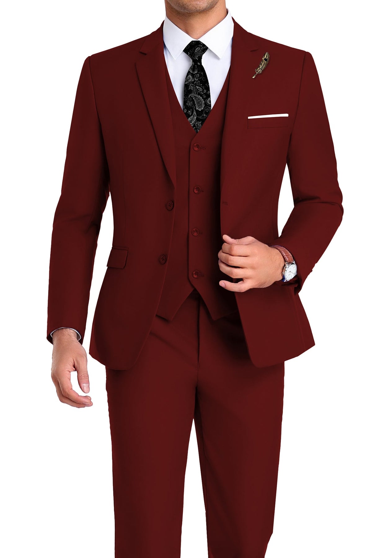 Completo uomo elegante 3 pezzi slim fit con gilet, da cerimonia e matrimonio - Bordeaux