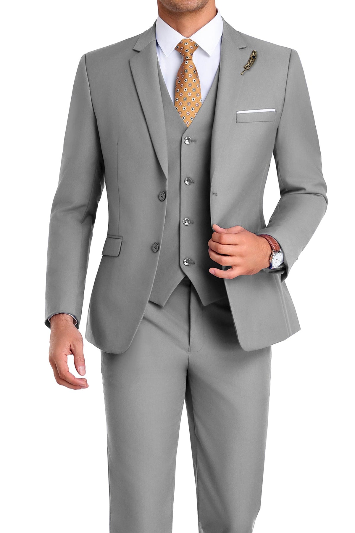 Completo uomo elegante 3 pezzi slim fit con gilet, da cerimonia e matrimonio - Grigio