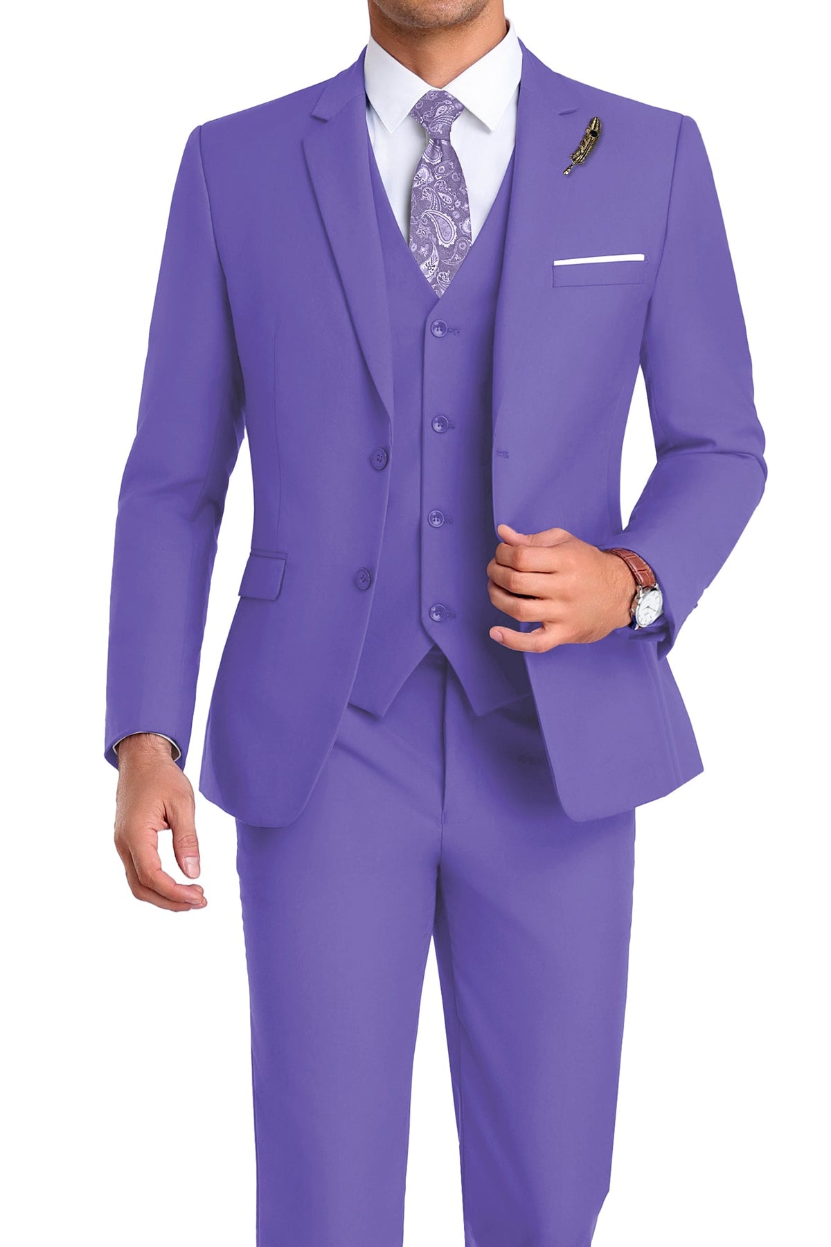 Completo uomo elegante 3 pezzi slim fit con gilet, da cerimonia e matrimonio - Viola