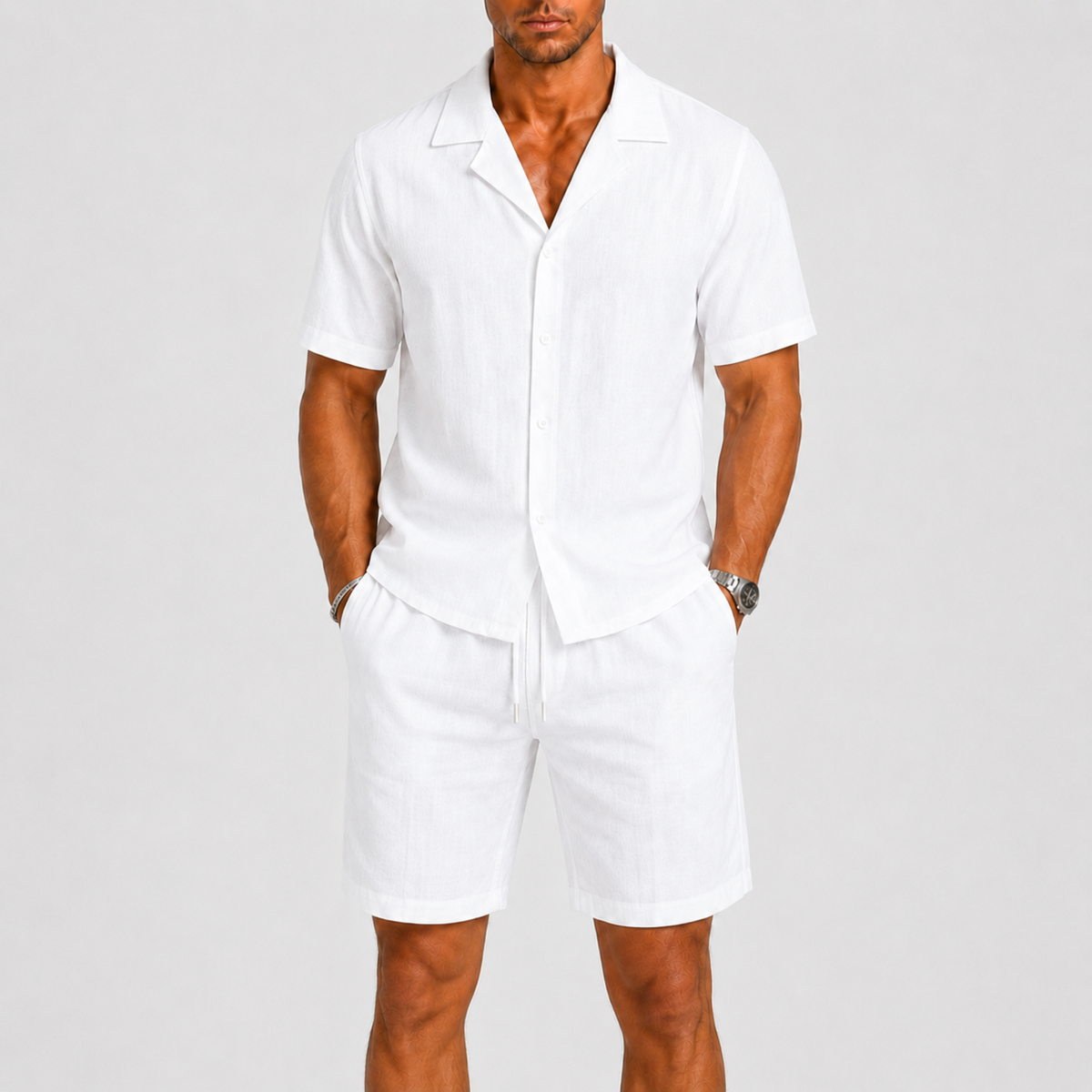 Completo uomo in lino, camicia con collo camp e shorts, estivo e casual per le vacanze - Bianco