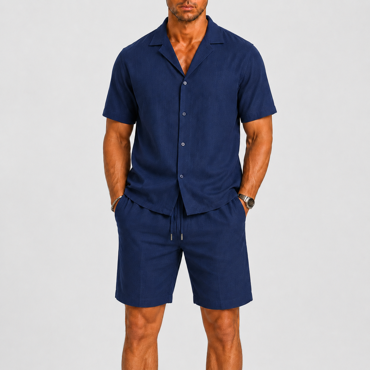 Completo uomo in lino, camicia con collo camp e shorts, estivo e casual per le vacanze - Blu navy