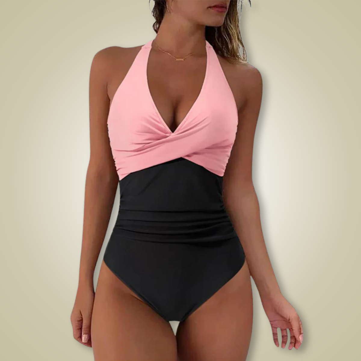 Costume intero modellante da donna con push up e scollo a V, per il mare e la piscina - Rosa e nero