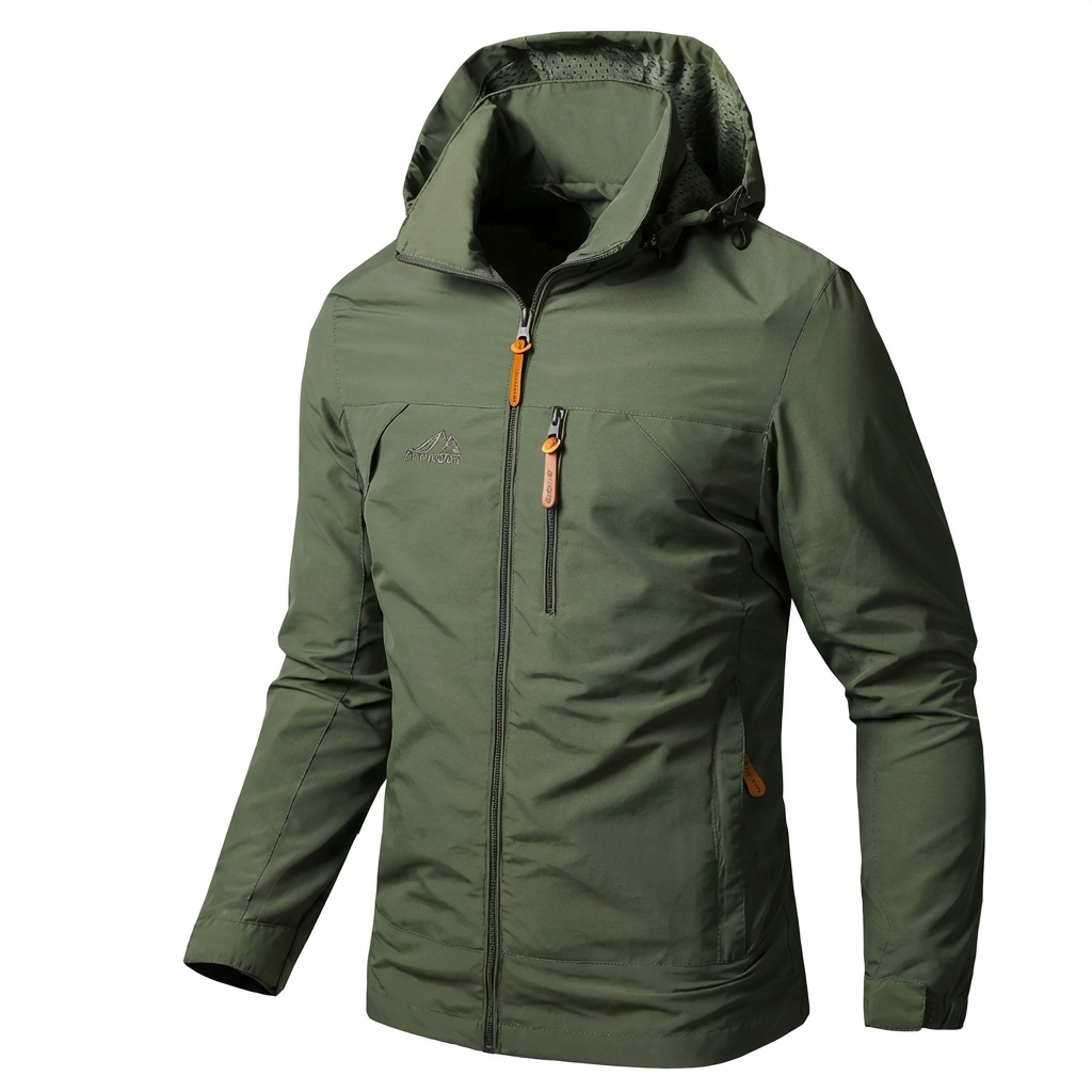 Giacca a vento da uomo con cappuccio per trekking, giacca outdoor da montagna ed escursioni - Verde chiaro