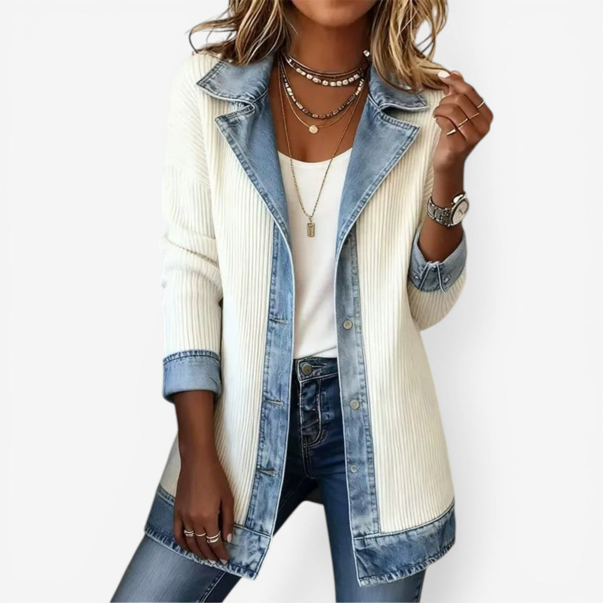 Giacca da donna in maglia effetto denim, mezza stagione con collo a revers, elegante - Bianco