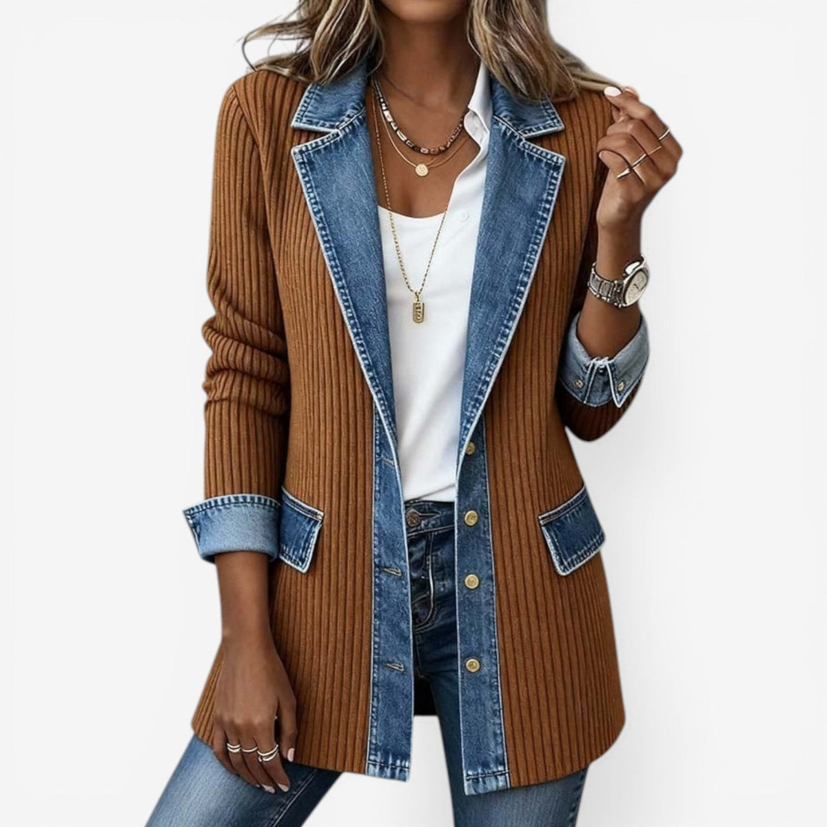 Giacca da donna in maglia effetto denim, mezza stagione con collo a revers, elegante - Kaki