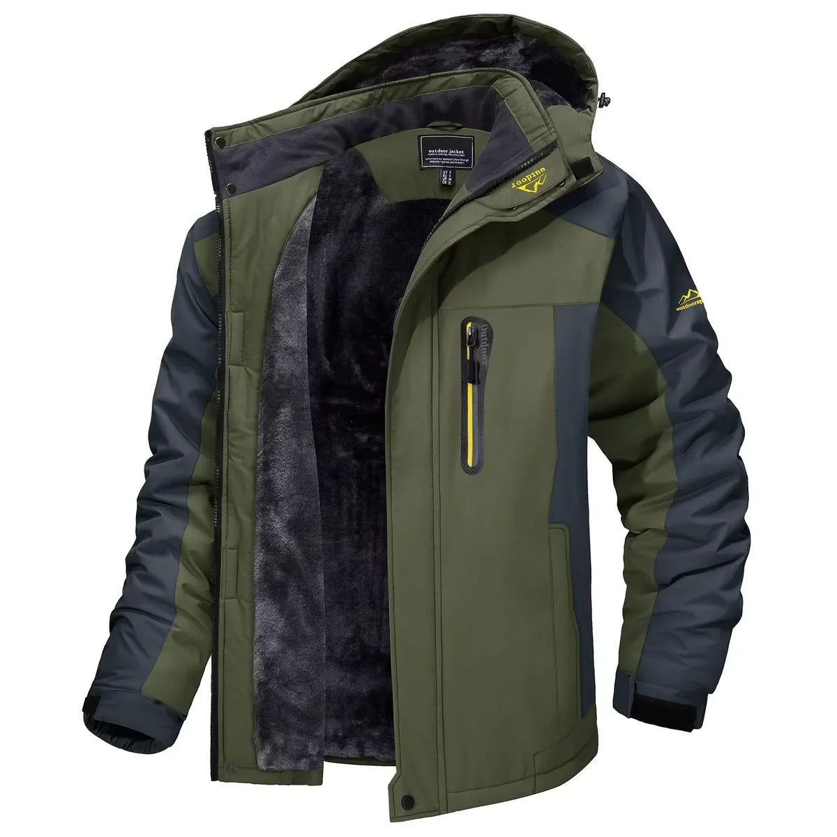 Giacca da sci da uomo foderata in pile e antivento, con cappuccio staccabile, giaccone invernale - Verde militare
