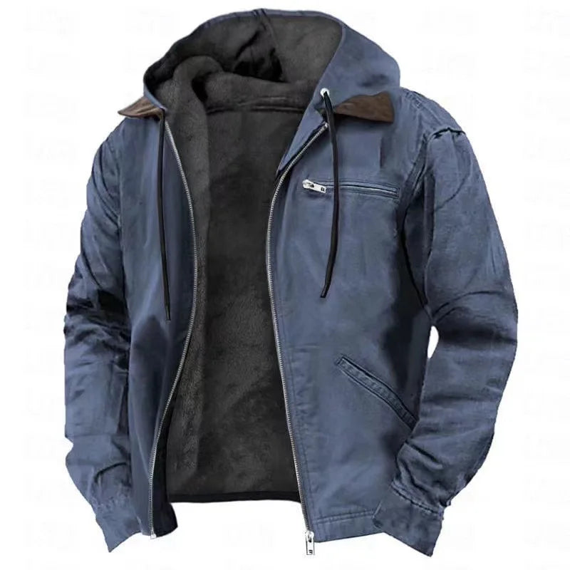 Giacca da uomo con cappuccio foderata in pile, per la mezza stagione e l'autunno, con tasche con zip - Blu