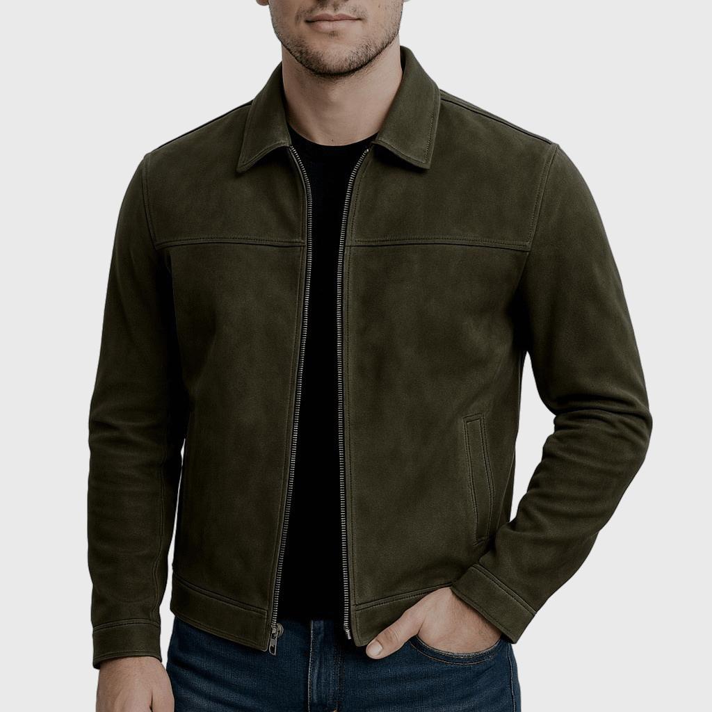 Giacca di pelle da uomo classica con zip e vestibilità comoda - giubbotto in pelle casual ed elegante - Verde militare