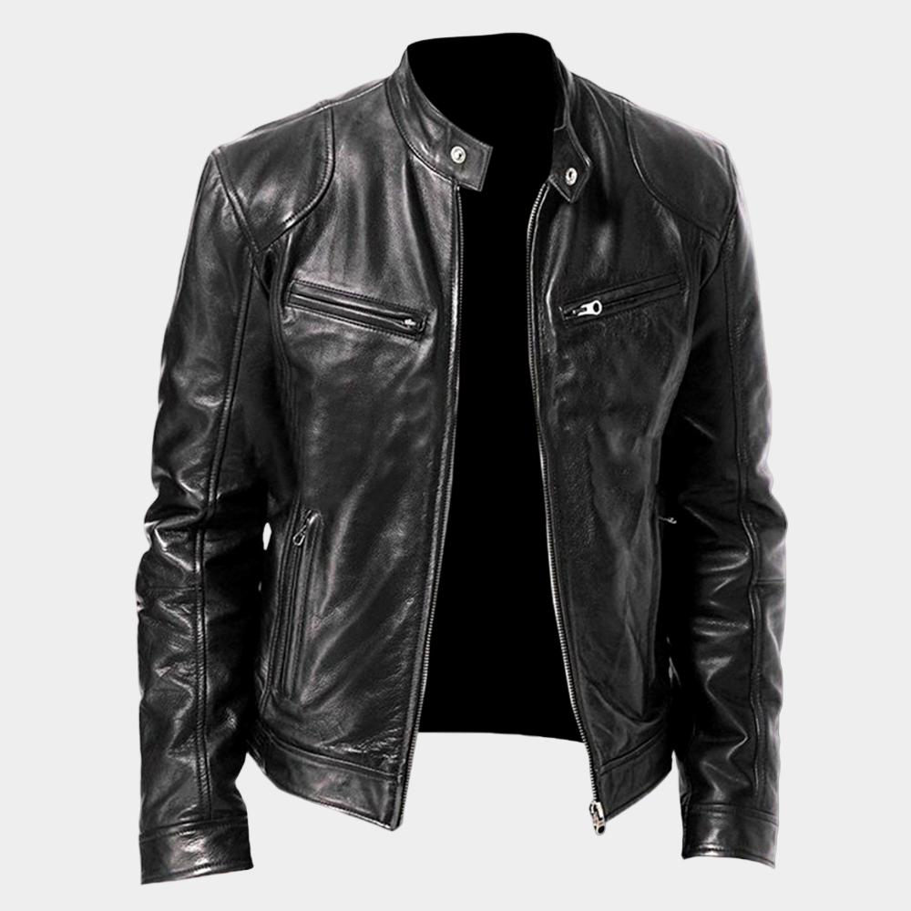 Giacca in pelle da uomo elegante con collo alla coreana, stile biker e casual - giubbotto in pelle - foto 6