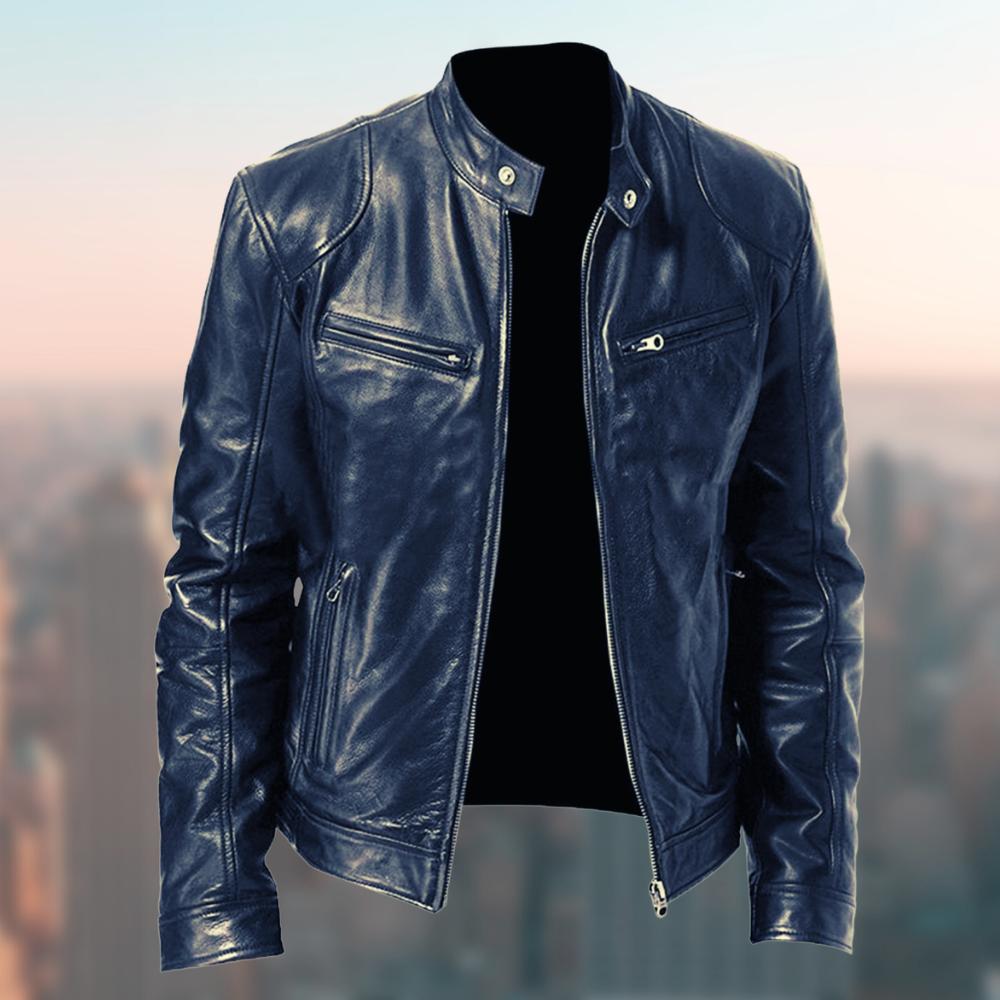 Giacca in pelle da uomo elegante con collo alla coreana, stile biker e casual - giubbotto in pelle - foto 9