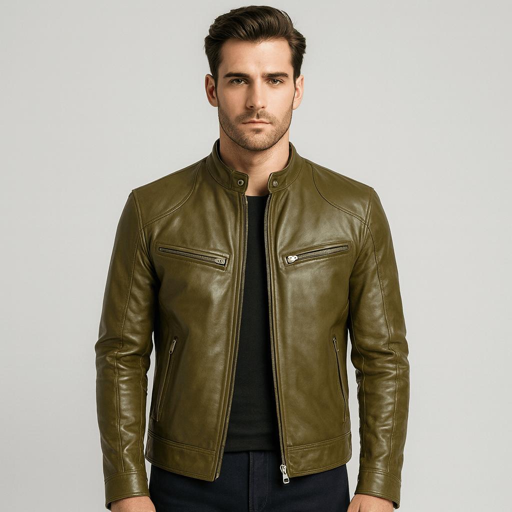 Giacca in pelle da uomo elegante con collo alla coreana, stile biker e casual - giubbotto in pelle - Verde