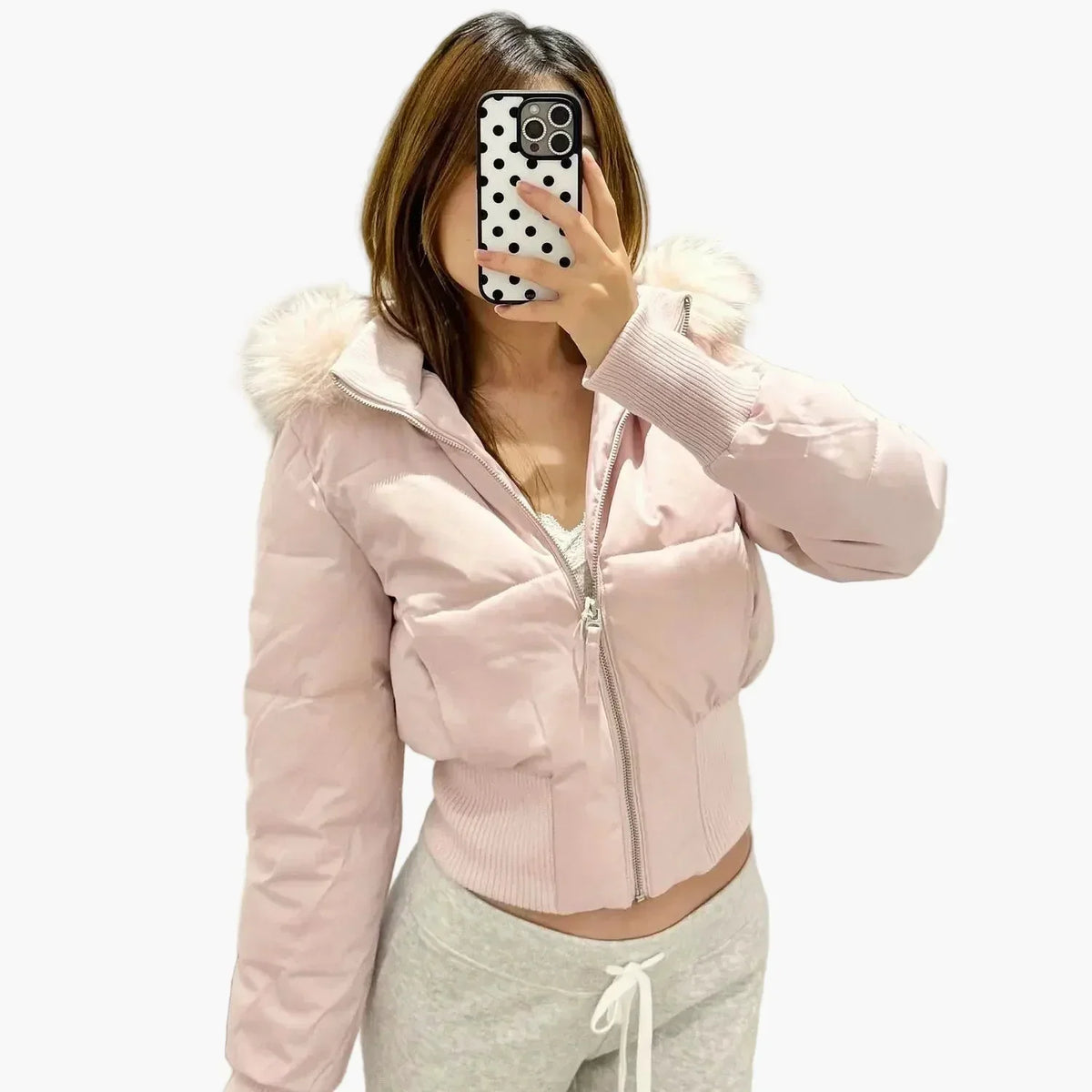 Giacca invernale trapuntata da donna con cappuccio e pelliccia, modello corto - Rosa