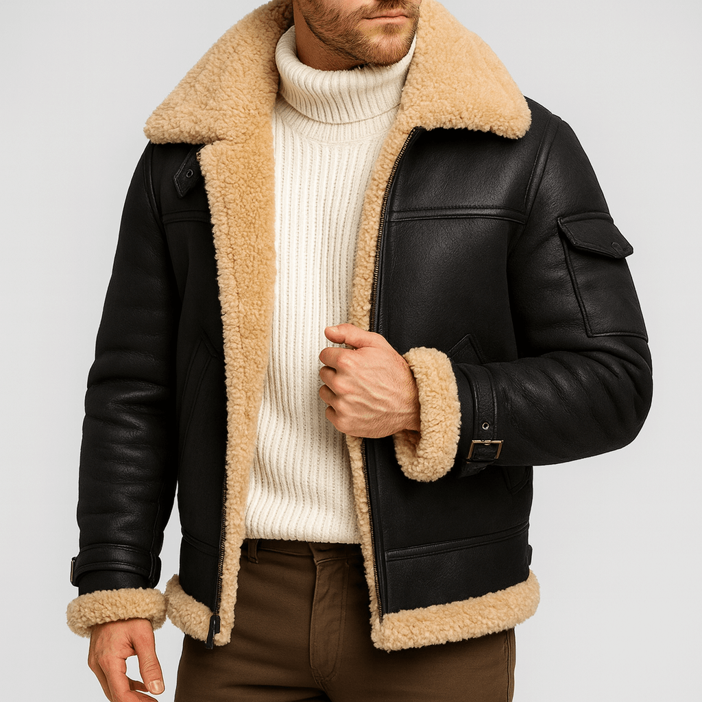 Giubbotto aviatore da uomo in ecopelle con collo in pelliccia, invernale con tasche - Nero