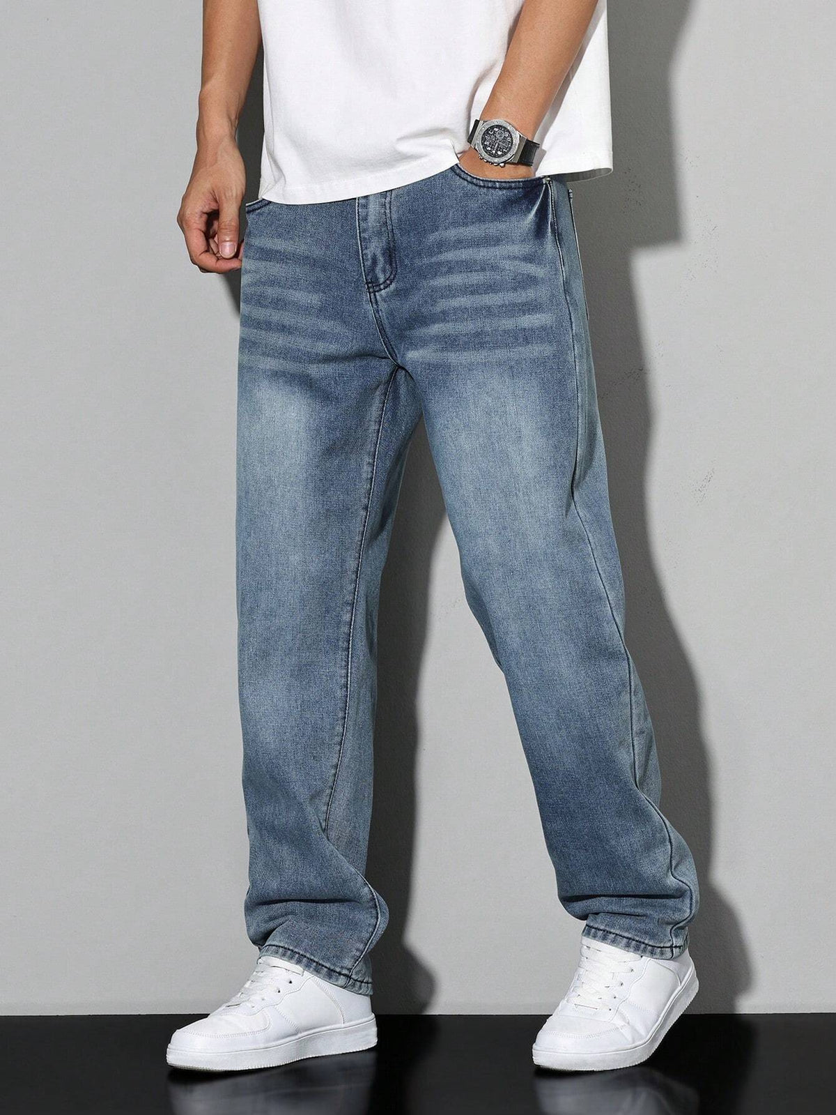 Jeans baggy da uomo larghi a gamba dritta con effetto washed, casual streetwear - Ciano