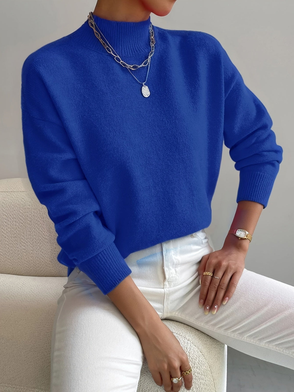 Maglione a collo alto da donna in morbida maglia, a manica lunga, per ufficio e tempo libero - Blu