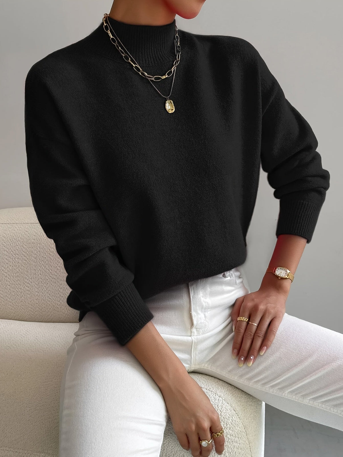 Maglione a collo alto da donna in morbida maglia, a manica lunga, per ufficio e tempo libero - Nero