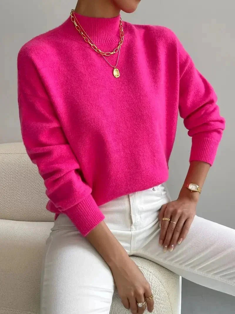 Maglione a collo alto da donna in morbida maglia, a manica lunga, per ufficio e tempo libero - Rosa