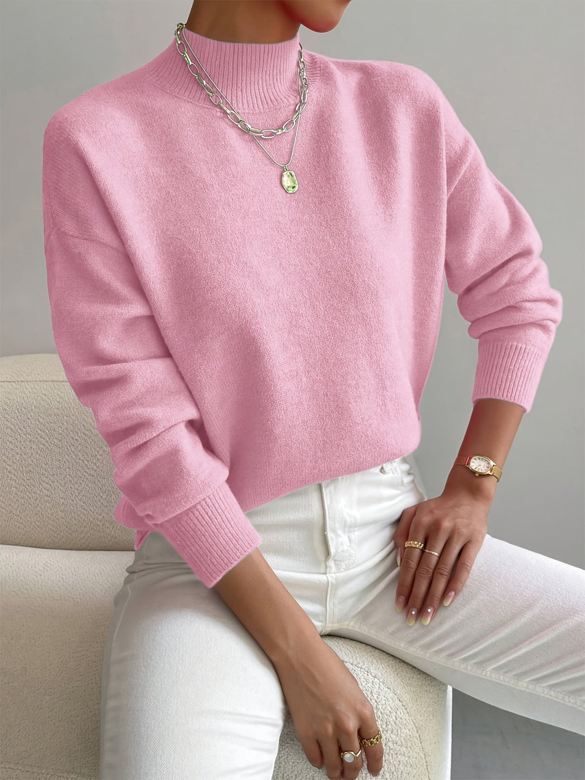 Maglione a collo alto da donna in morbida maglia, a manica lunga, per ufficio e tempo libero - Rosa chiaro