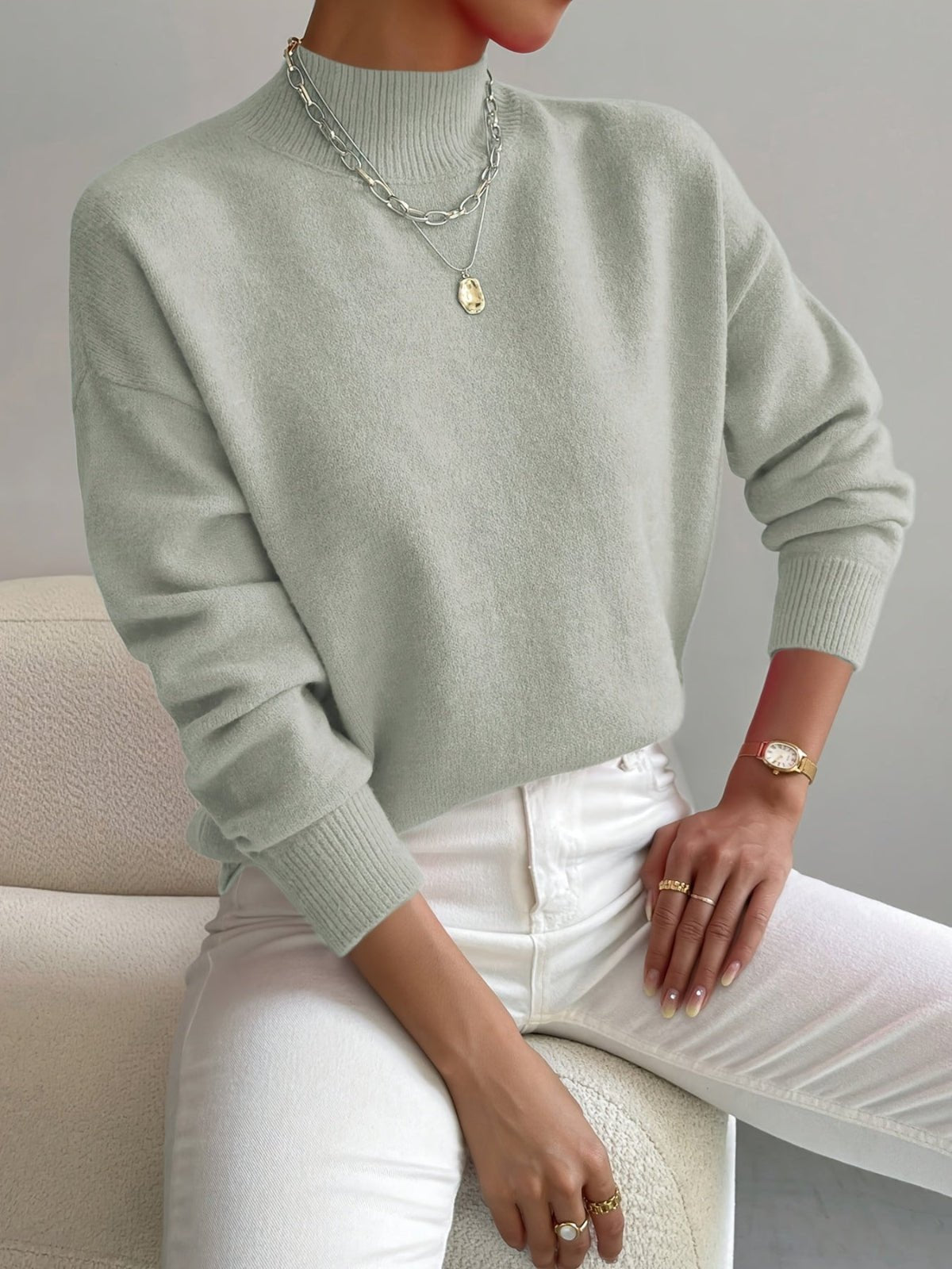 Maglione a collo alto da donna in morbida maglia, a manica lunga, per ufficio e tempo libero - Verde chiaro