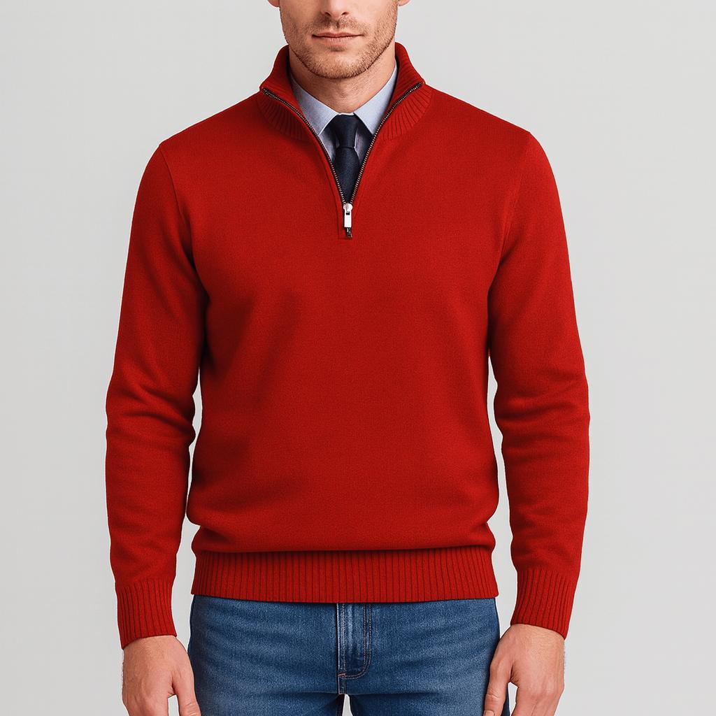 Maglione con zip da uomo a vestibilità comoda, mezza zip, casual da ufficio e tempo libero - Rosso