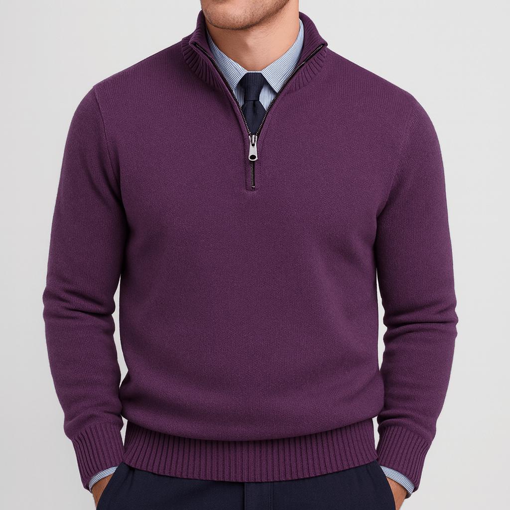 Maglione con zip da uomo a vestibilità comoda, mezza zip, casual da ufficio e tempo libero - Viola scuro