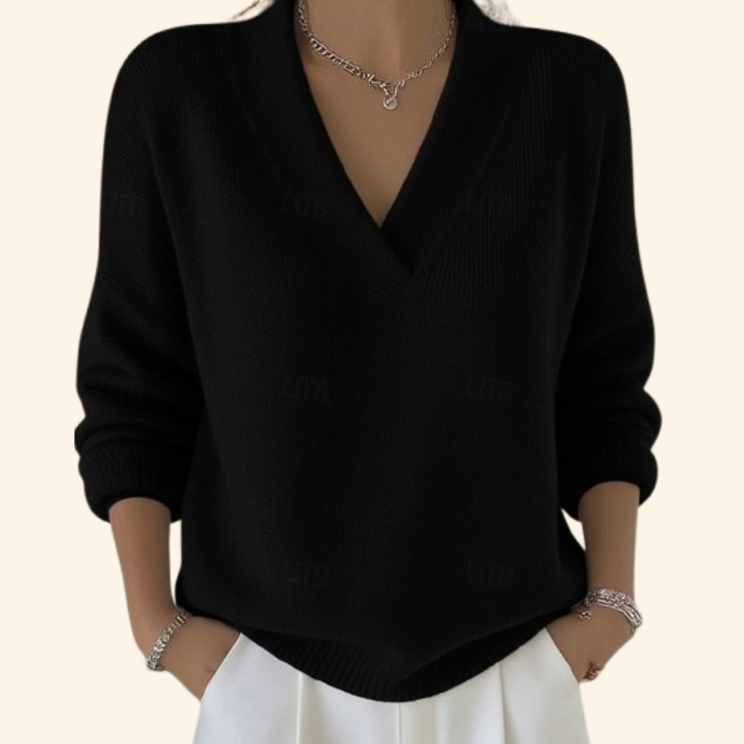 Maglione da donna con scollo a V, in morbida maglia a manica lunga, elegante - Nero