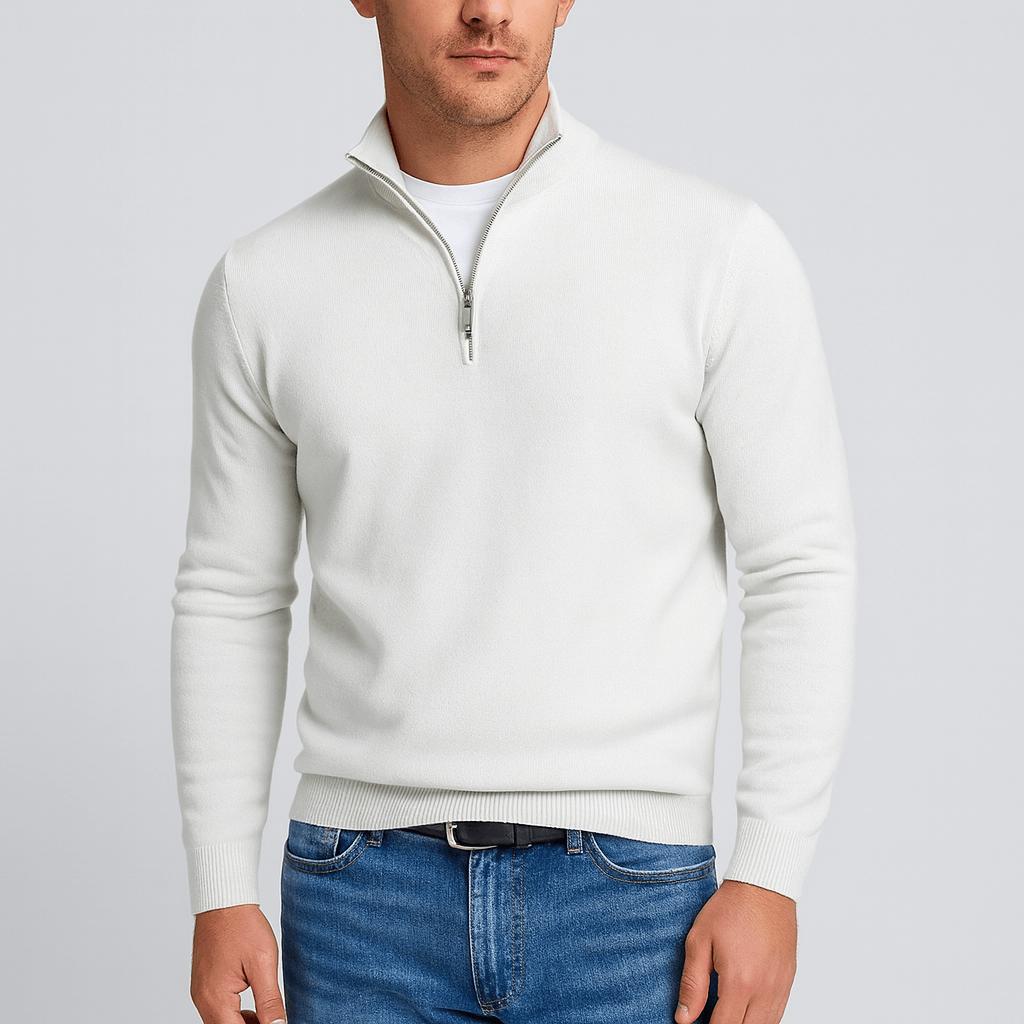 Maglione da uomo in lana merino con mezza zip e collo alto, testurizzato, elegante e casual - Bianco