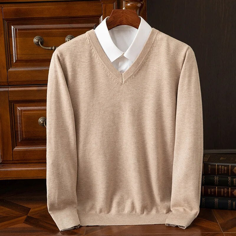 Maglione da uomo in misto cashmere con scollo a V, elegante per l'ufficio e il tempo libero - Beige