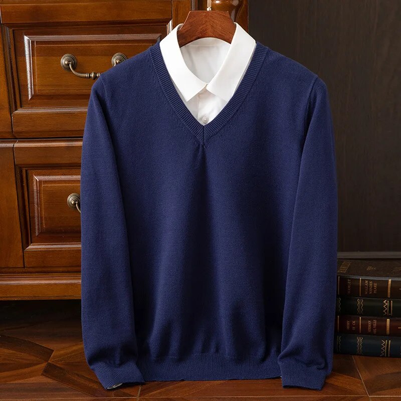 Maglione da uomo in misto cashmere con scollo a V, elegante per l'ufficio e il tempo libero - Blu navy