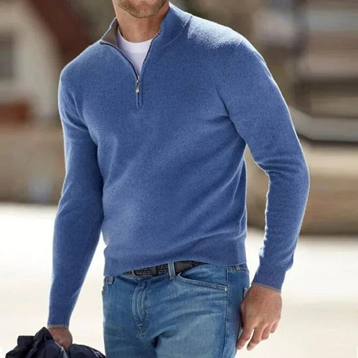 Maglione di cashmere da uomo con mezza zip e collo alto, a manica lunga per l'inverno - Blu