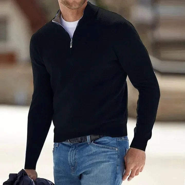 Maglione di cashmere da uomo con mezza zip e collo alto, a manica lunga per l'inverno - Nero