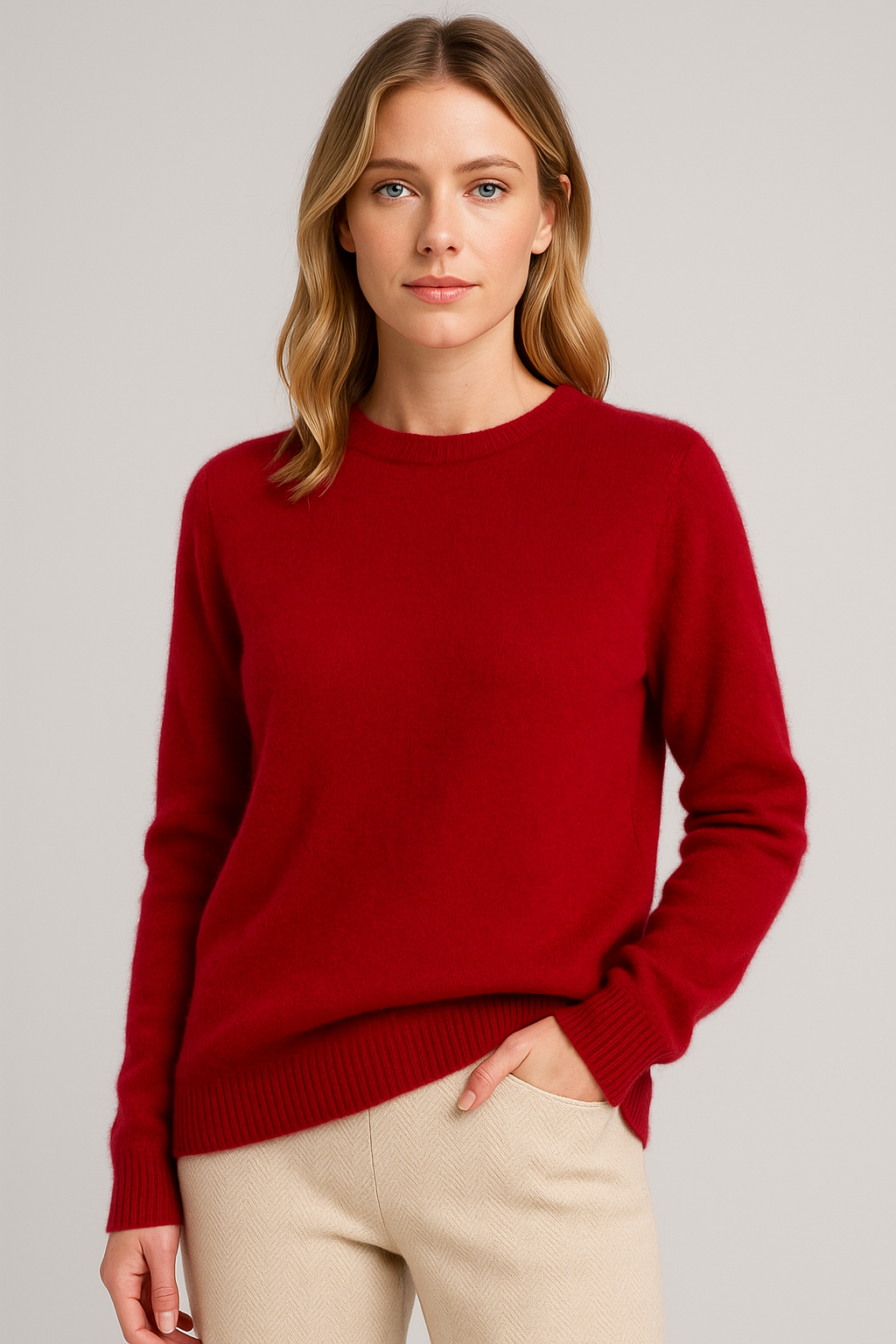 Maglione girocollo da donna in misto cashmere, morbido e caldo per l'inverno - Rosso vivo