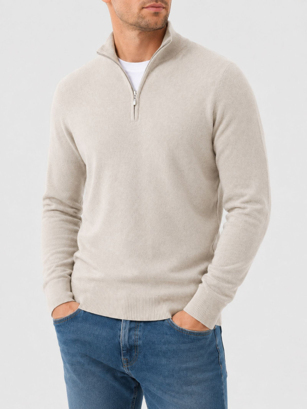 Maglione invernale di lana merino da uomo con mezza zip e collo alto, casual - Beige