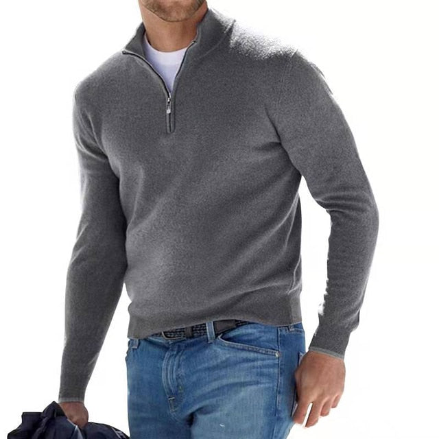 Maglione invernale di lana merino da uomo con mezza zip e collo alto, casual - Grigio