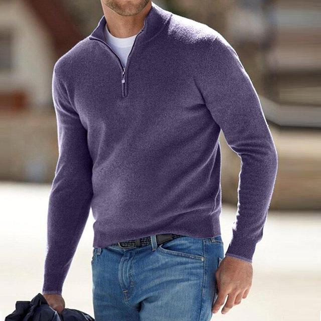 Maglione invernale di lana merino da uomo con mezza zip e collo alto, casual - Viola