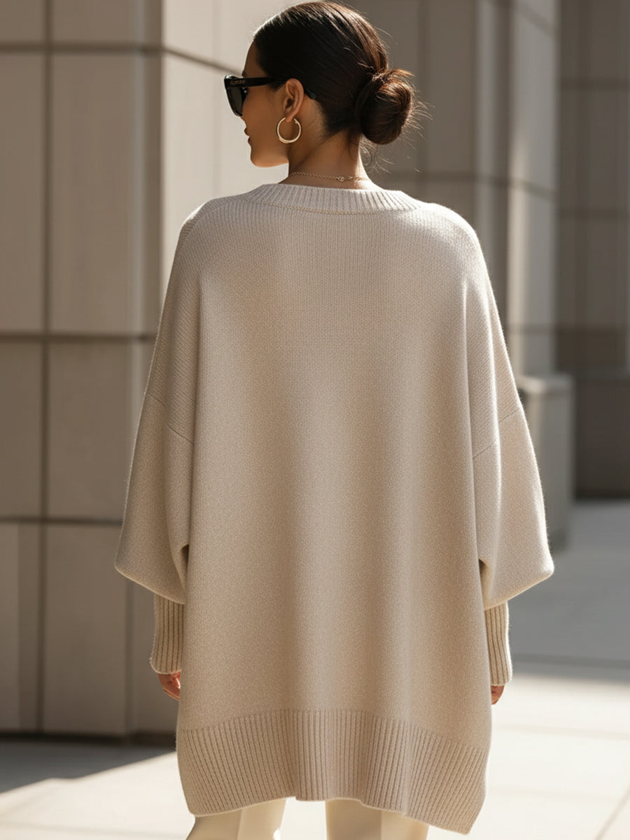 Maglione oversize da donna in misto lana con orlo asimmetrico, ideale per l'autunno e l'inverno - view 9