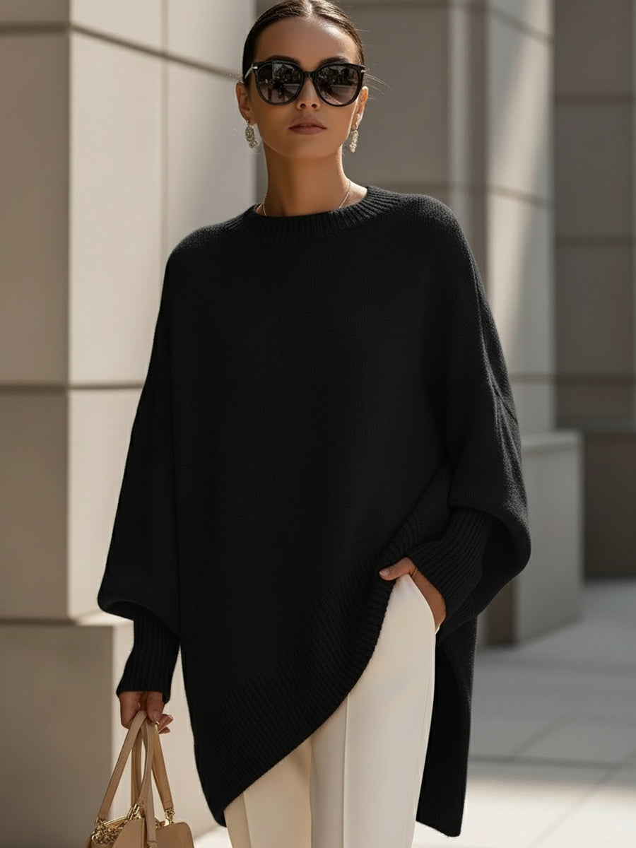Maglione oversize da donna in misto lana con orlo asimmetrico, ideale per l'autunno e l'inverno - Nero