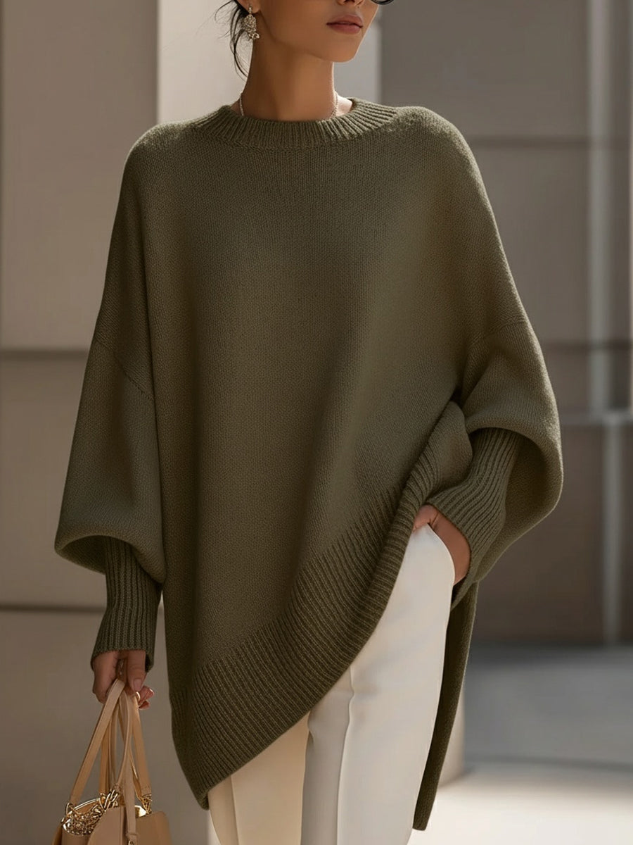 Maglione oversize da donna in misto lana con orlo asimmetrico, ideale per l'autunno e l'inverno - Verde oliva