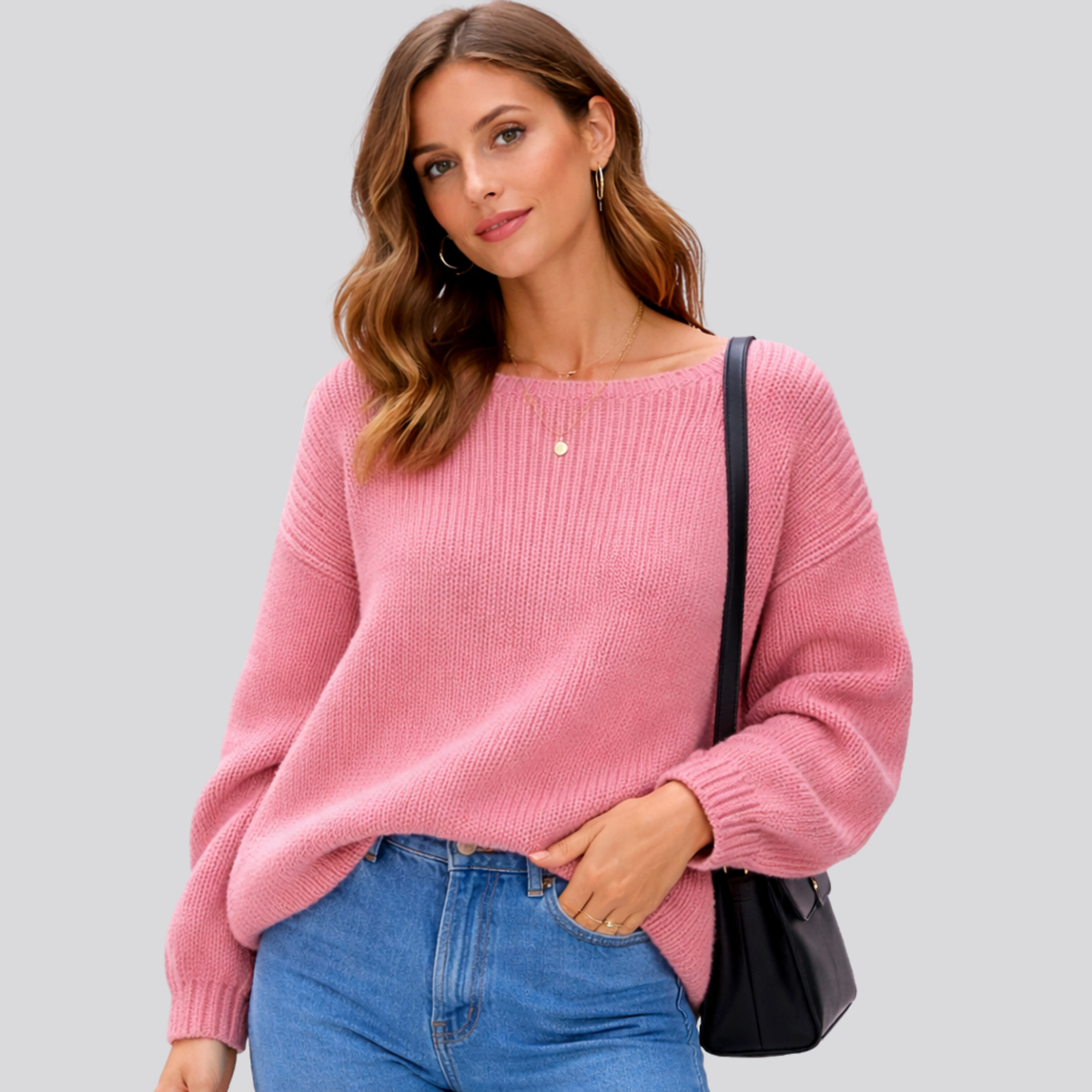 Maglione oversize da donna in misto lana con scollo a barchetta, caldo e morbido per l'inverno - Rosa chiaro