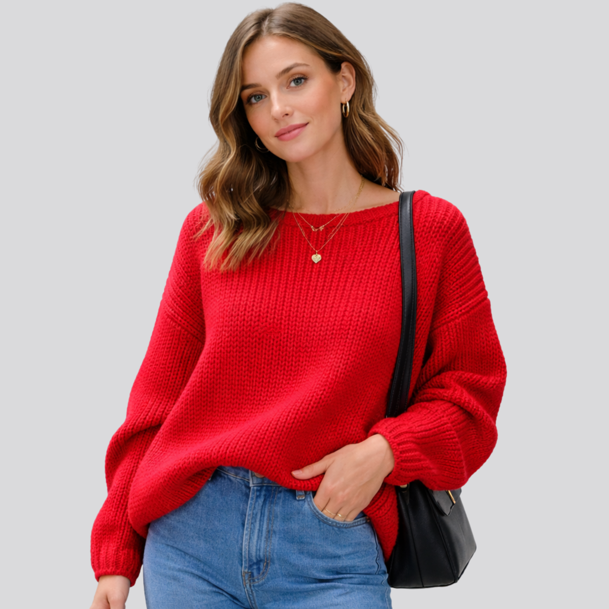 Maglione oversize da donna in misto lana con scollo a barchetta, caldo e morbido per l'inverno - Rosso