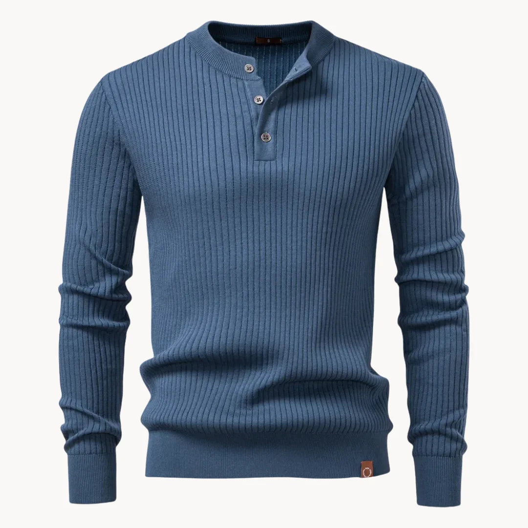 Maglione uomo girocollo con bottoni e maniche lunghe, a costine, casual - Blu